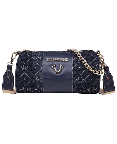 True Religion Studded Denim Zip Top Barrel Bag