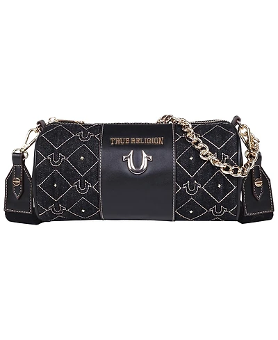 True Religion Studded Denim Zip Top Barrel Bag
