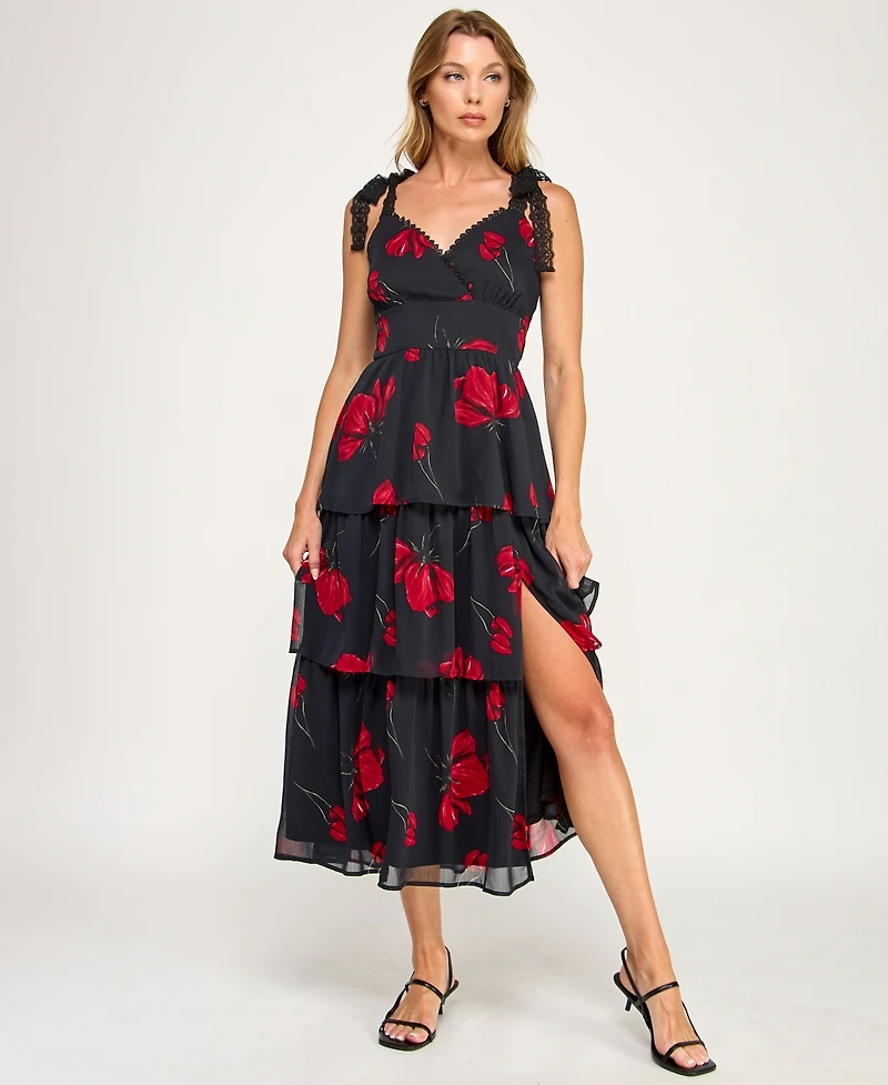 Row A Juniors' Sleeveless Tiered Floral Midi Dress
