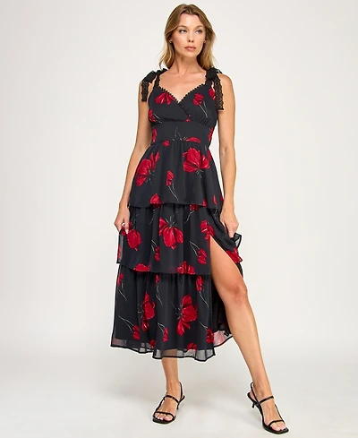 Row A Juniors' Sleeveless Tiered Floral Midi Dress