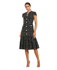Mac Duggal Women's Button Up Cap Sleeve Boucle A Line Midi Dress