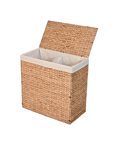 Sawyer 24" Classic Farmhouse Hand-Woven Hyacinth 2-Section Collapsible Laundry Hamper with Washable Liner