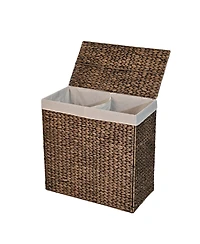 Sawyer 24" Classic Farmhouse Hand-Woven Hyacinth 2-Section Collapsible Laundry Hamper with Washable Liner