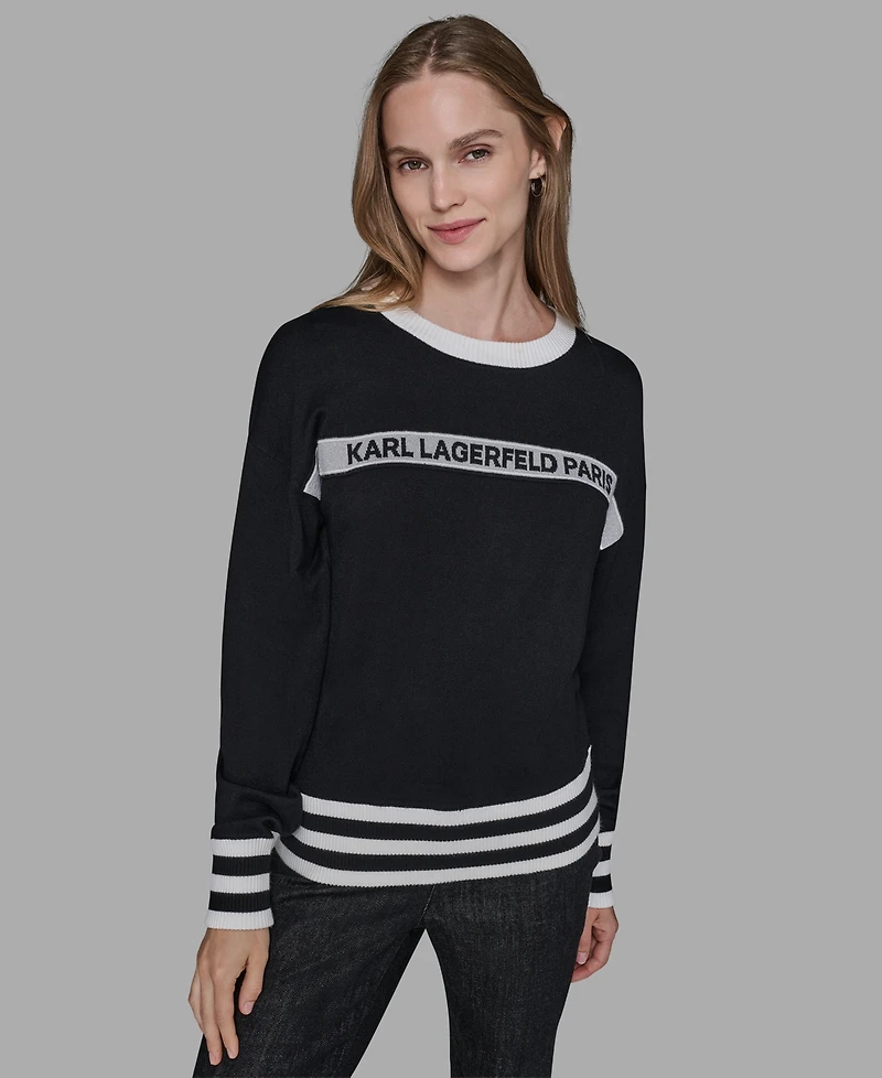 Karl Lagerfeld Paris Women's Crewneck Logo Striped Sweater