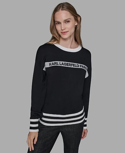 Karl Lagerfeld Paris Women's Crewneck Logo Striped Sweater