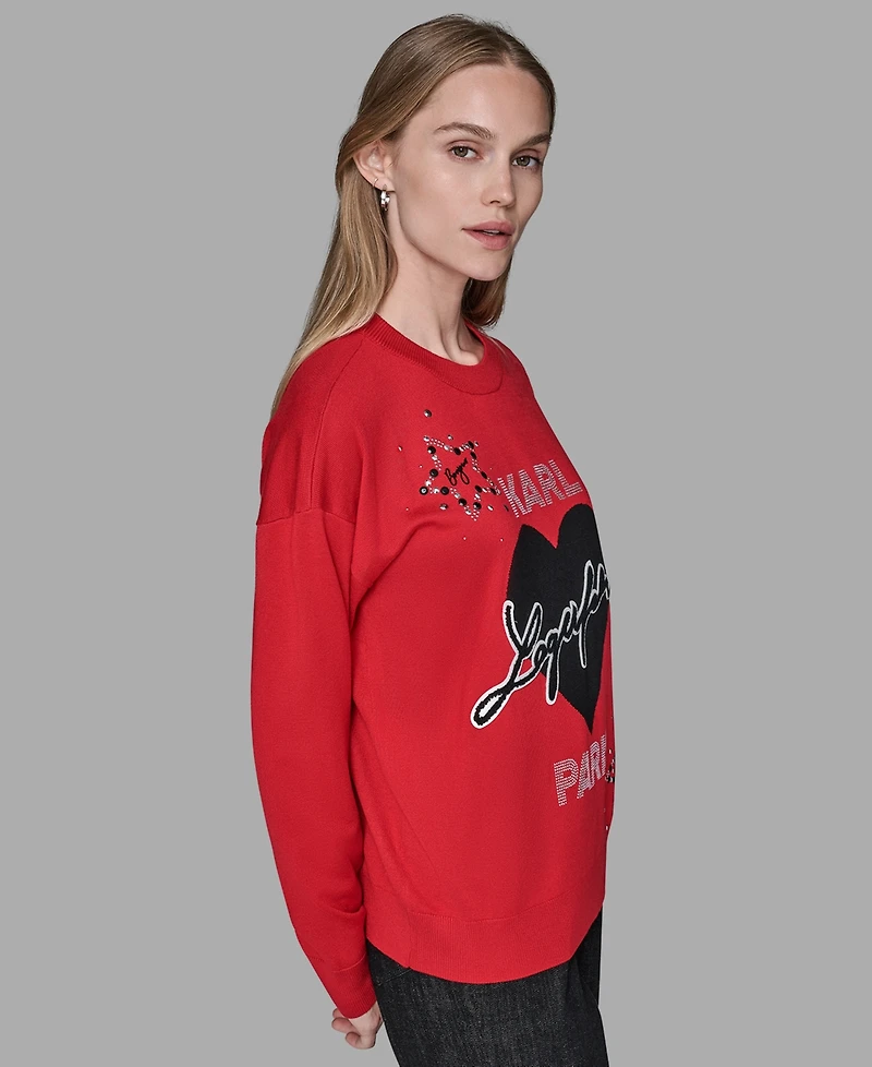Karl Lagerfeld Paris Women's Long Sleeve Heart Detail Sweater