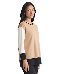 Jones New York Petite Long Sleeve Crew Neck Colorblock Top