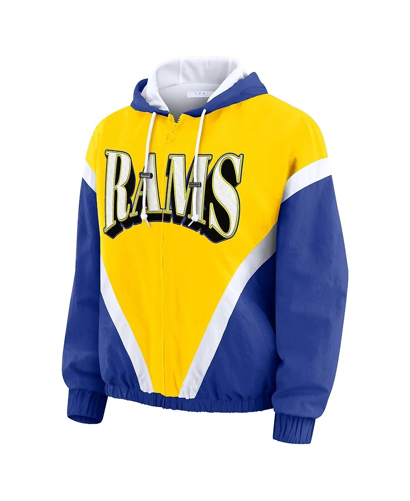 Wear by Erin Andrews Women's Gold/Royal Los Angeles Rams Retro Crinkle Full-Zip Hoodie Windbreaker Jacket