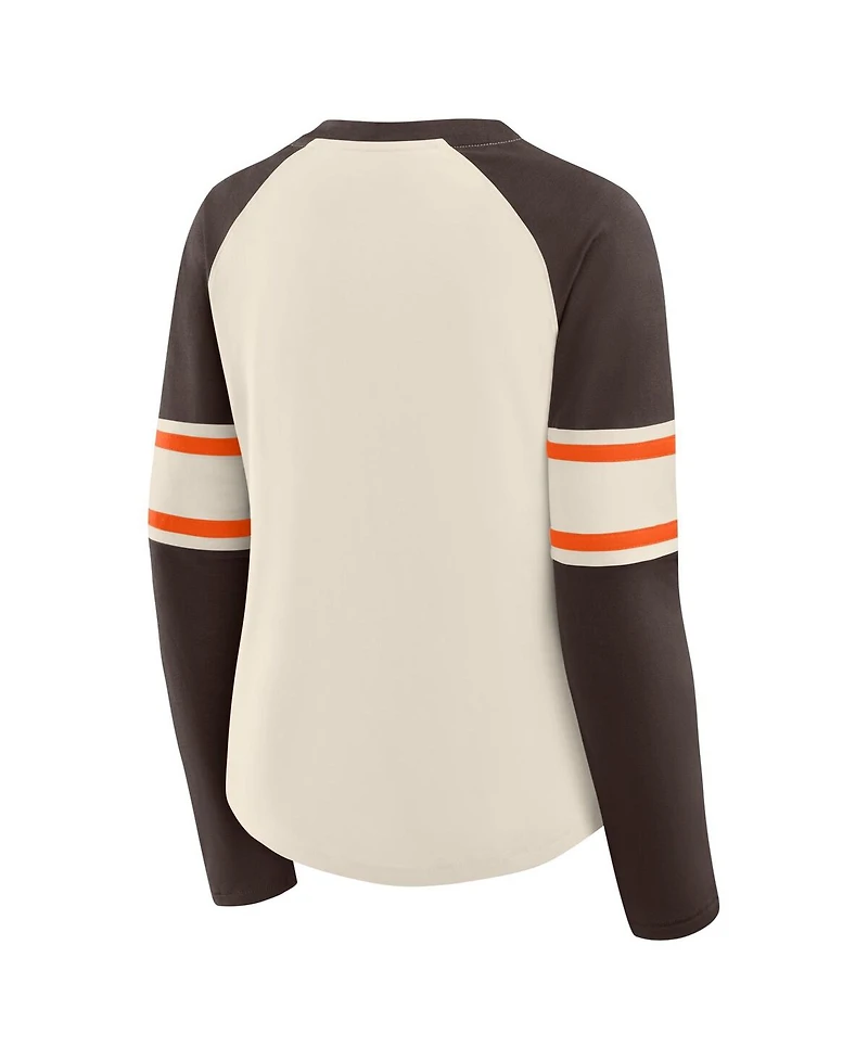 Fanatics Women's Cream/Brown Cleveland Browns Hometown Gridiron Hero Raglan Lace-Up V-Neck Long Sleeve T-Shirt