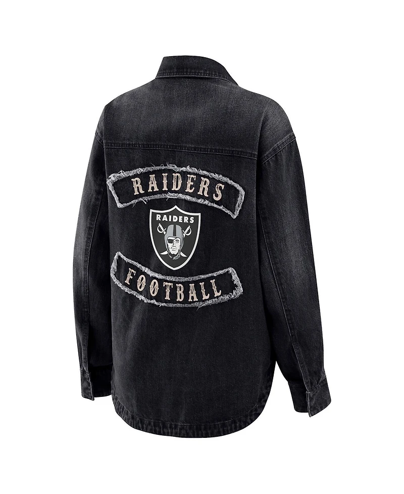 Wear by Erin Andrews Women's Black Las Vegas Raiders Washed Oversized Denim Full-Snap Shacket
