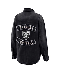 Wear by Erin Andrews Women's Black Las Vegas Raiders Washed Oversized Denim Full-Snap Shacket