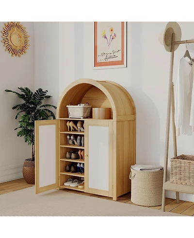 5 Tier Arched Shoe Storage Cabinet with Rattan Doors, Farmhouse Freestanding Shoe Rack Cabinet with Adjustable Shelves for Entryway, Natural Wood
