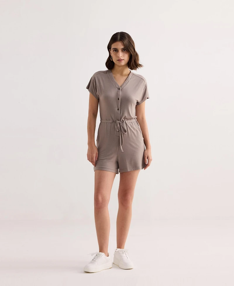 Reistor Women's V neck Drawstring Knit Romper Dusty brown