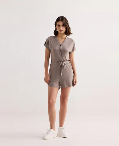Reistor Women's V neck Drawstring Knit Romper Dusty brown