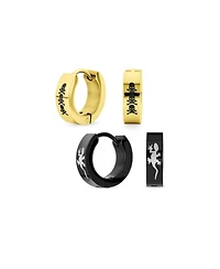 Bling Jewelry Set of 2 Angel Wings Gecko Lizard Hoop Huggie Earrings Black Gold Plated Steel
