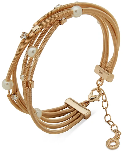 Anne Klein Acrylic Imitation Pearl Gold-Tone and Crystal Glass Stationed Cuff Bracelet
