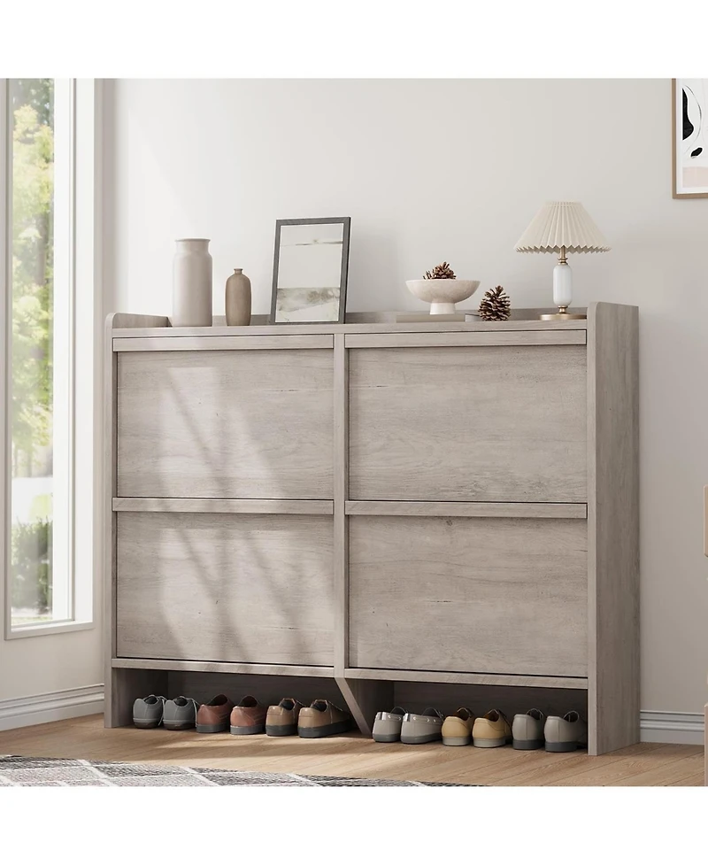 Shoe Cabinet with 4 Flip Drawers, Wooden Shoe Organizer with Adjustable Shelf, Shoe Storage for Entryway