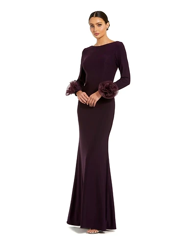 Mac Duggal Women's Long Sleeve Fitted Jersey Gown With 3D Flowers