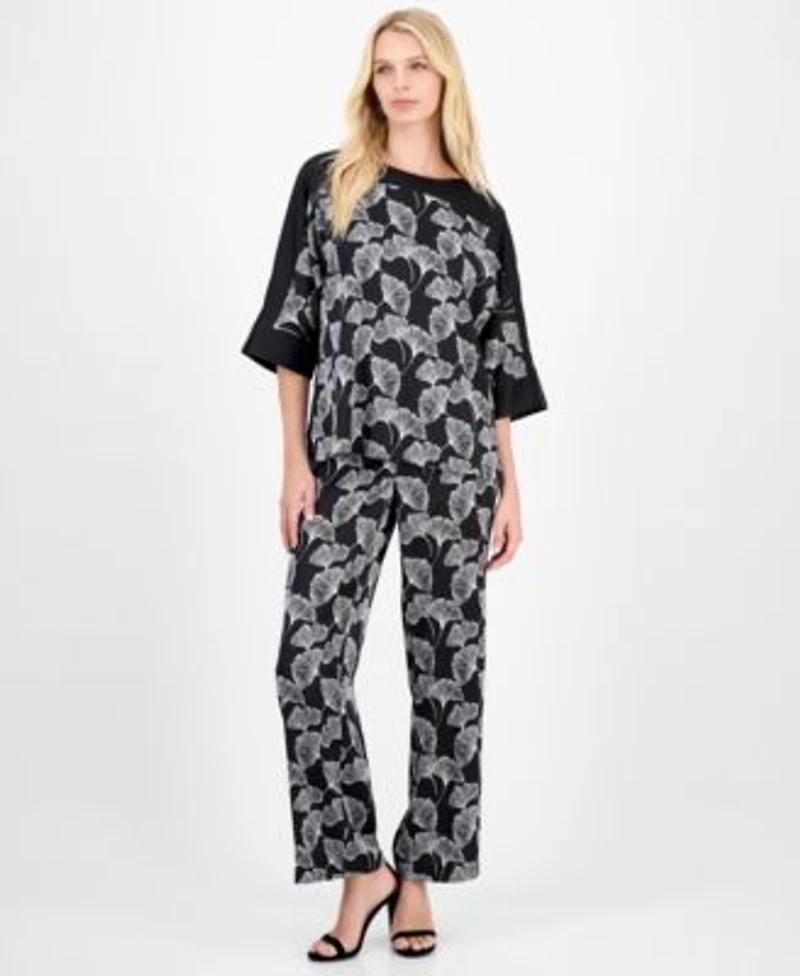 Anne Klein Womens Printed 3 4 Sleeve Boat Neck Top Printed Pull On Wide Leg Pants