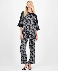 Anne Klein Womens Printed 3 4 Sleeve Boat Neck Top Printed Pull On Wide Leg Pants