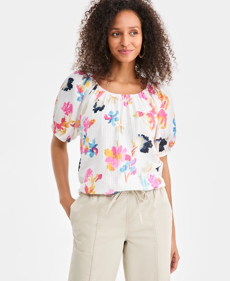 Style & Co Petite Print Gauze Short-Sleeve Bubble Top