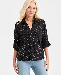 Style & Co Women's Printed Collared Knit Roll-Sleeve Top, Macy's Exclusive