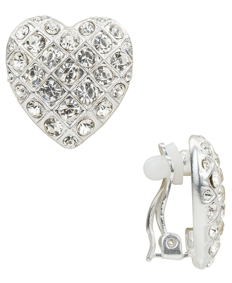 Patricia Nash Glass Stone Worn Silver-Tone Heart Button Clip Earrings