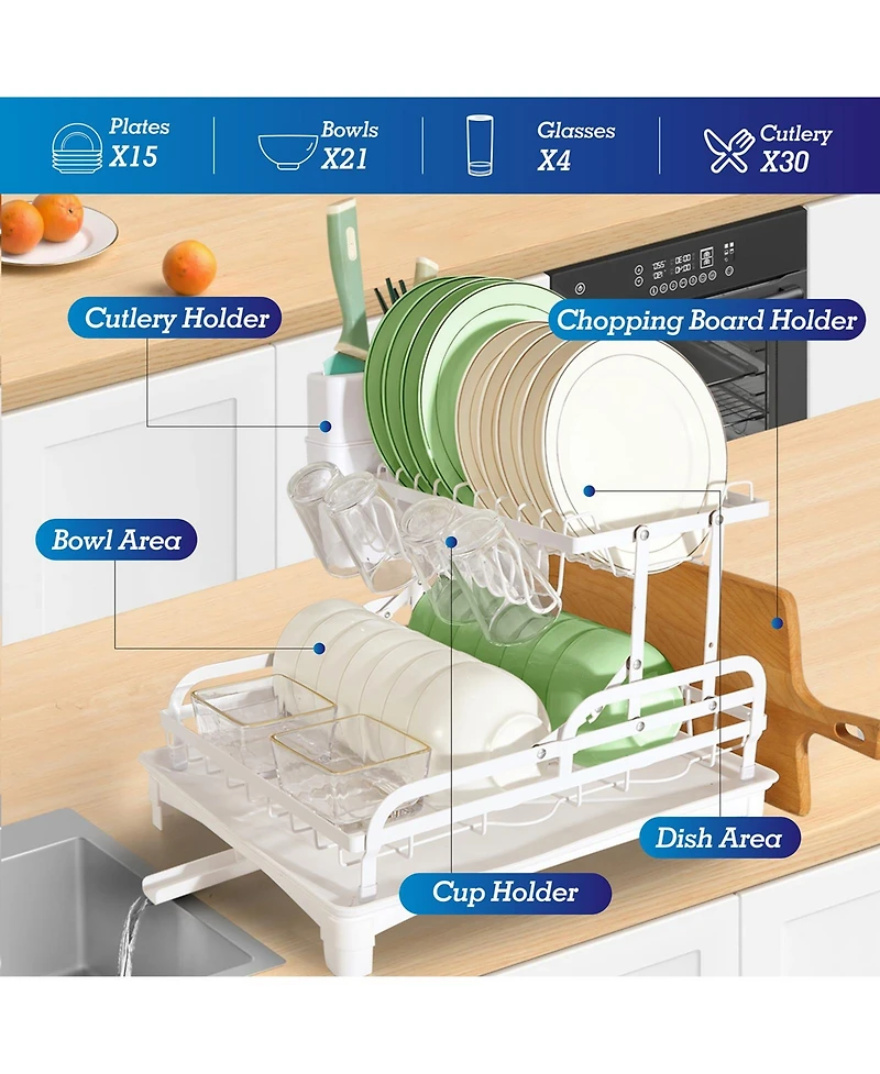 Skonyon 2-Tier Detachable Stainless Steel Dish Drying Rack with Cutlery Box and Cup Holder