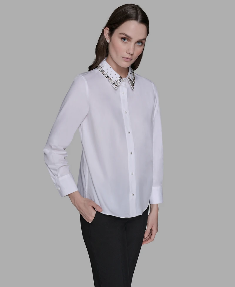 Karl Lagerfeld Paris Women's Collared Long Sleeve Embellished Top