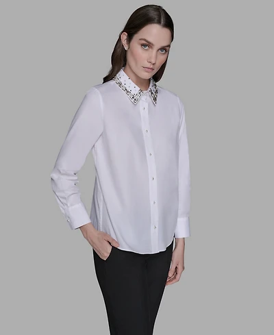 Karl Lagerfeld Paris Women's Collared Long Sleeve Embellished Top