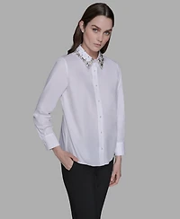 Karl Lagerfeld Paris Women's Collared Long Sleeve Embellished Top