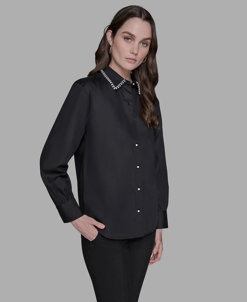 Karl Lagerfeld Paris Women's Collared Long Sleeve Top