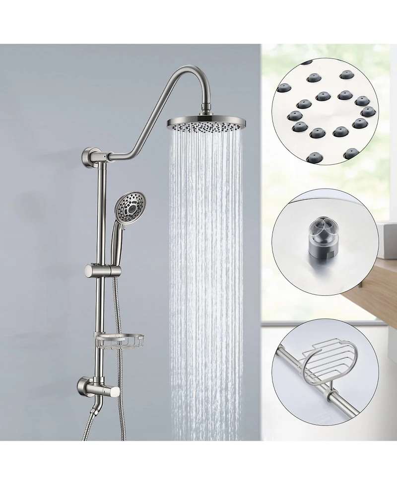 Rainsken Brushed Nickel Bathroom Shower Head and Handheld Showerhead Combo Shower System, 8 inch Top Shower and 5 Jets Handheld Shower