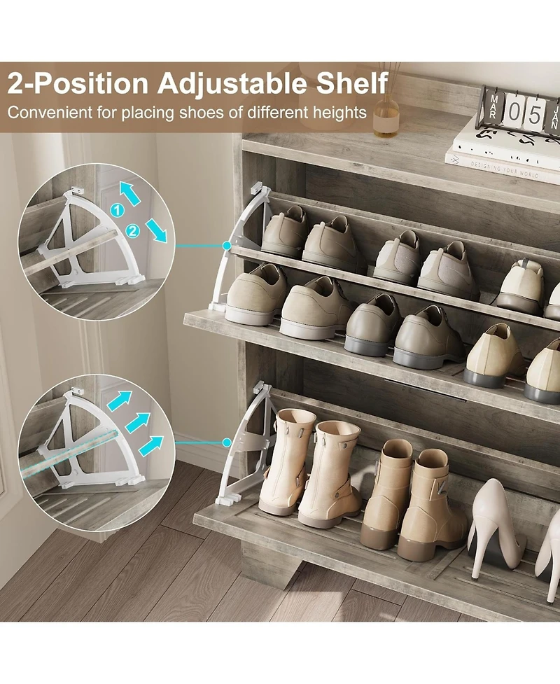Shoe Storage Cabinet with 2 Flip Drawers, Narrow Shoe Cabinet for Entryway, Freestanding Hidden Slim Shoe Organizer Cabinet with Hooks, Gray