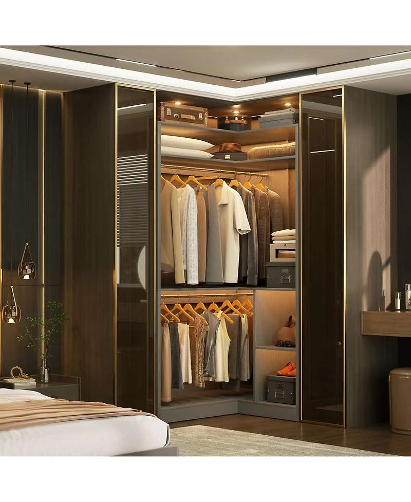 Freestanding Corner Closet Organizer, System with Hanging Rods and Storage Shelves