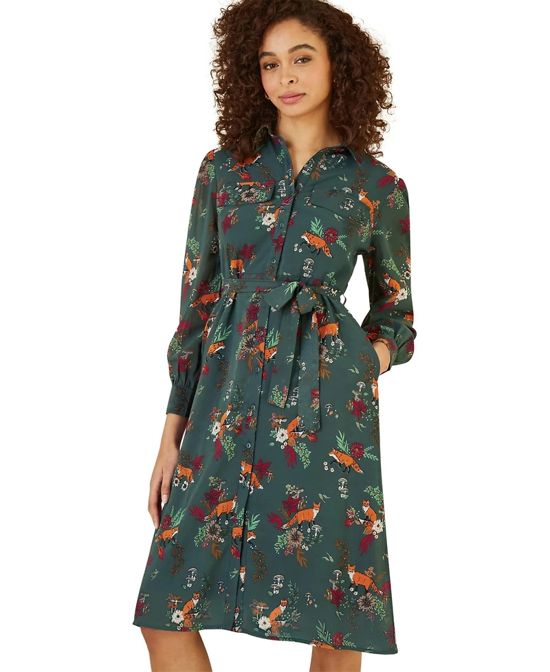 Yumi Women's Fox Print Shirt Midi Dress