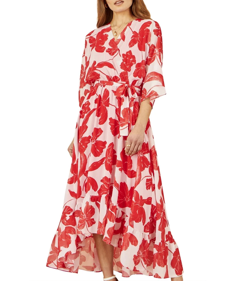 Yumi Women's Kimono Sleeves Dip Hem Wrap Midi Dress