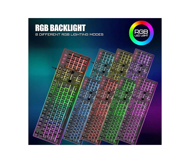 risokeys Wired Gaming Keyboard, Mouse, and Wrist Rest Combo - Rgb Backlit, Mechanical Feel Keyboard + 7D 7200 Dpi Mouse + Leather Wrist Rest