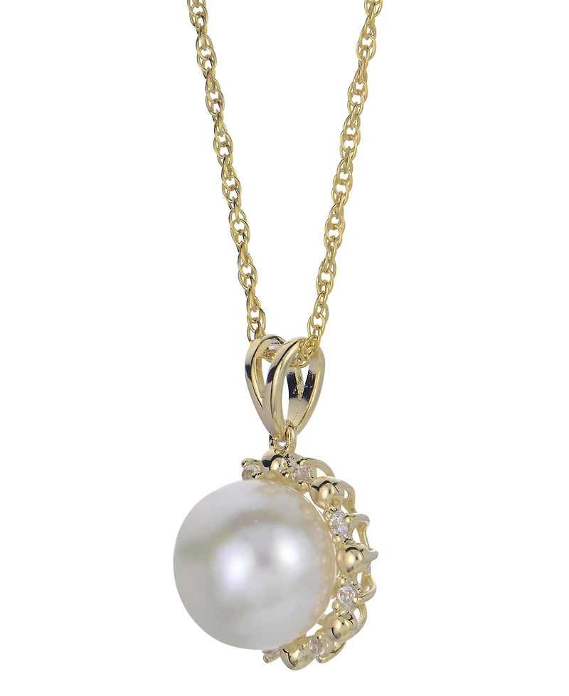 Macy's Cultured Freshwater Pearl (9.5-10mm) and Lab Created White Sapphire Pendant Necklace (0.08 ct. t.w.) in Sterling Silver with 14k Gold Plating
