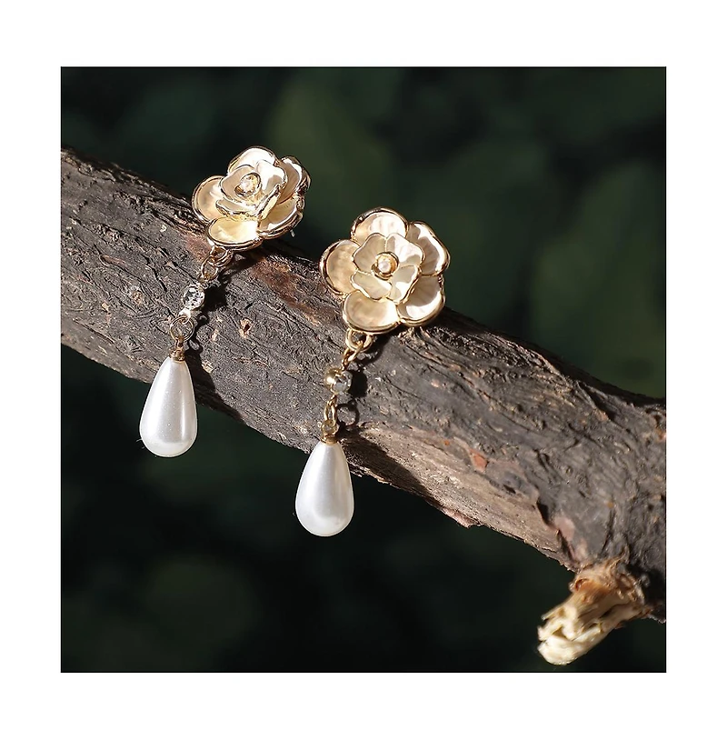 Sohi Women's Gold Embellished Rose Drop Earrings