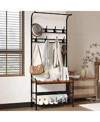 Hall Tree Shoe Bench, 4-in-1 Industrial Entryway Storage Bench with 8 Sturdy Hooks, Freestanding Coat Rack for Small Spaces, Apartments