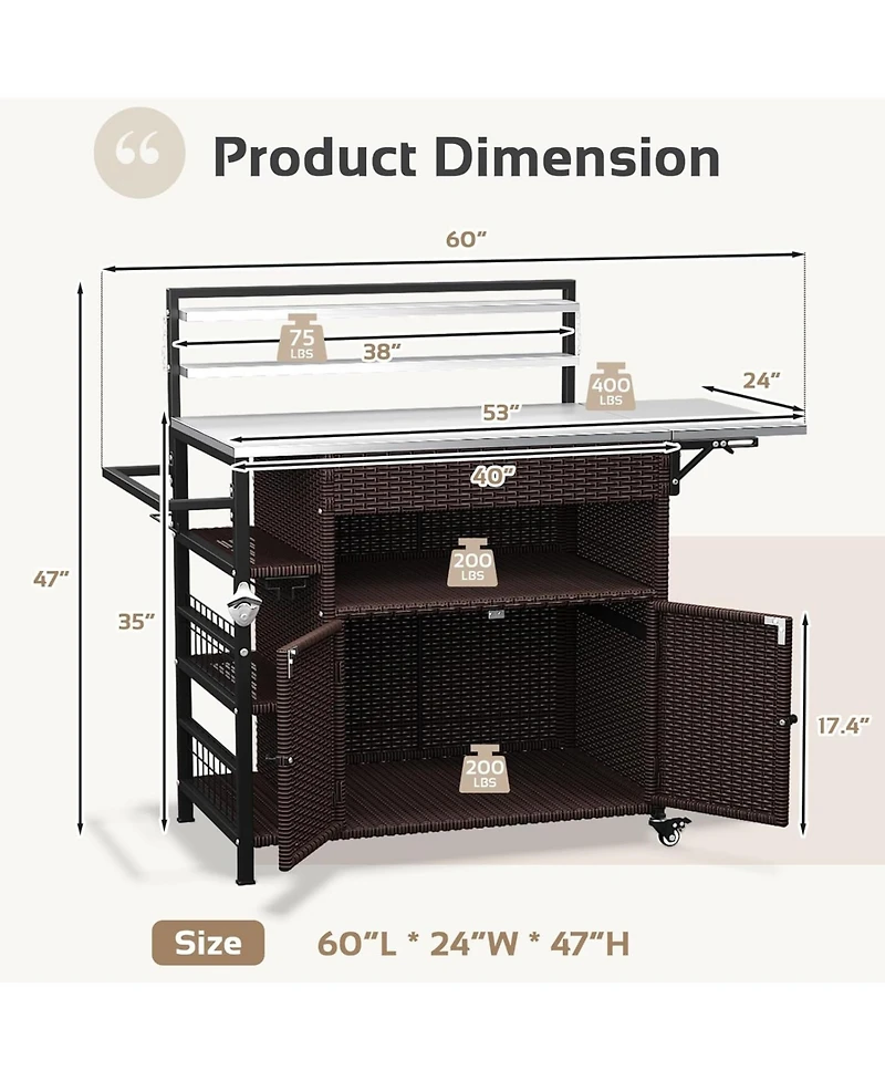 Aecojoy Upgrade Outdoor Bar Cart with Rattan Storage Cabinet