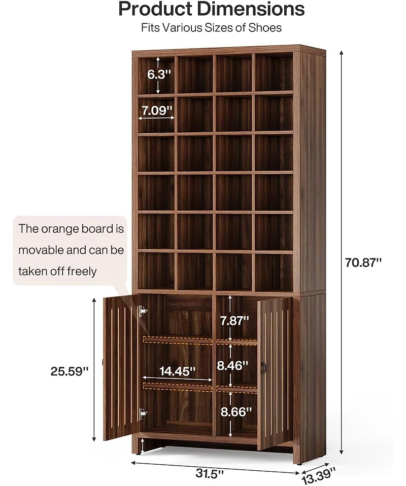 Tribesigns Tall Shoe Storage Cabinet with Doors, Farmhouse Wooden Shoe Rack with 24 Cubbies & 3 Hidden Shelves