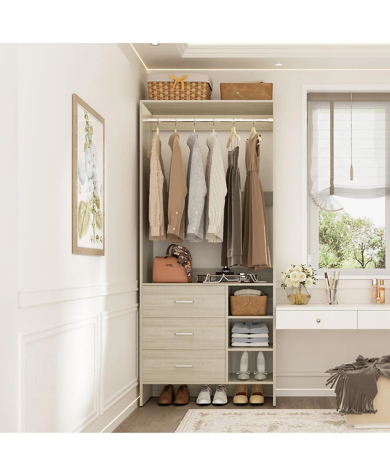 30" Freestanding Closet Organizer with Hanging Rods and Drawers, Closet System with Storage Shelves