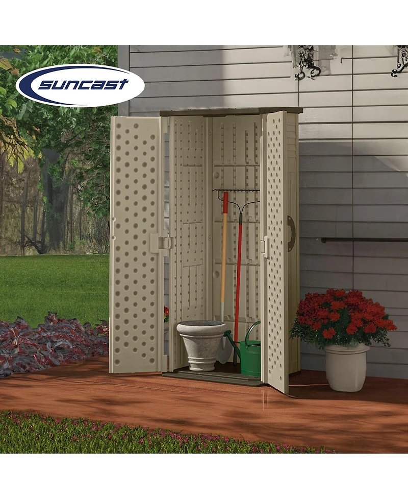 Suncast 22 Cubic Feet All-Weather Vertical Tall Outdoor Storage Shed, Brown