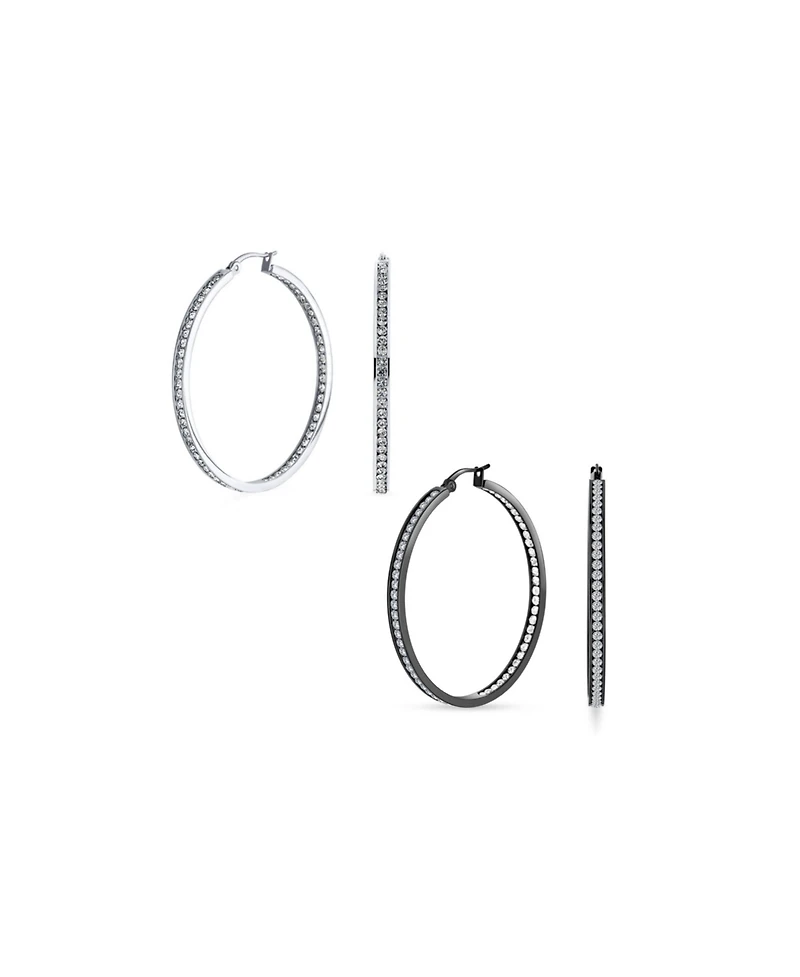 Bling Jewelry Set of 2 Round Channel Set Cz Hoop Earrings Black Plated Stainless Steel 2 Inch