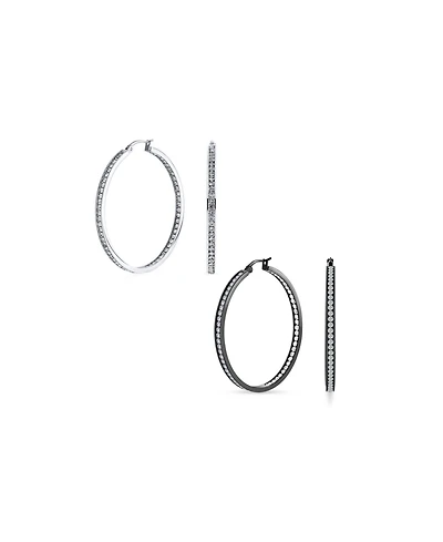 Bling Jewelry Set of 2 Round Channel Set Cz Hoop Earrings Black Plated Stainless Steel 2 Inch