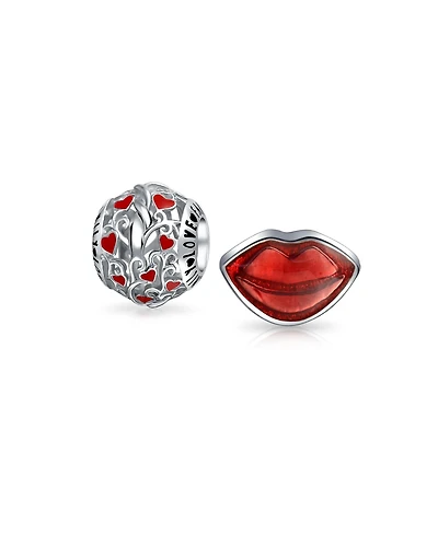 Bling Jewelry Set of 2 Valentine Kiss Lips & Red Silver 'I Love You' Heart Filigree Charm Bead
