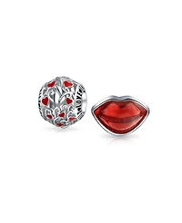 Bling Jewelry Set of 2 Valentine Kiss Lips & Red Silver 'I Love You' Heart Filigree Charm Bead
