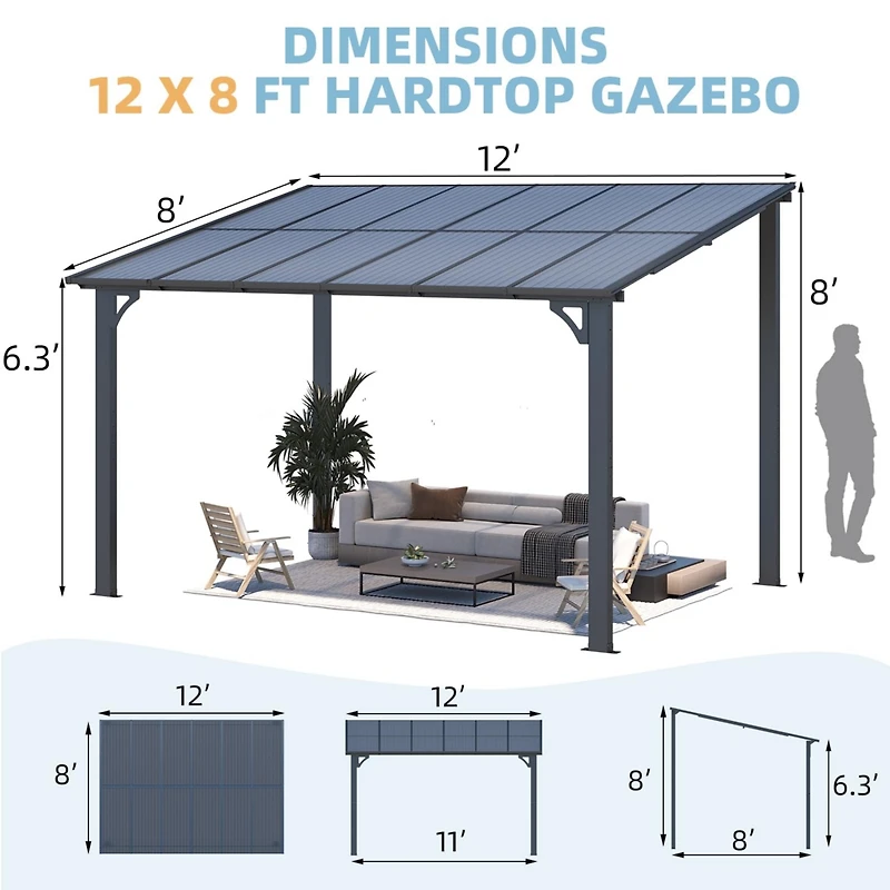 Aecojoy 12'x8' Wall Mounted Gazebos Pergola